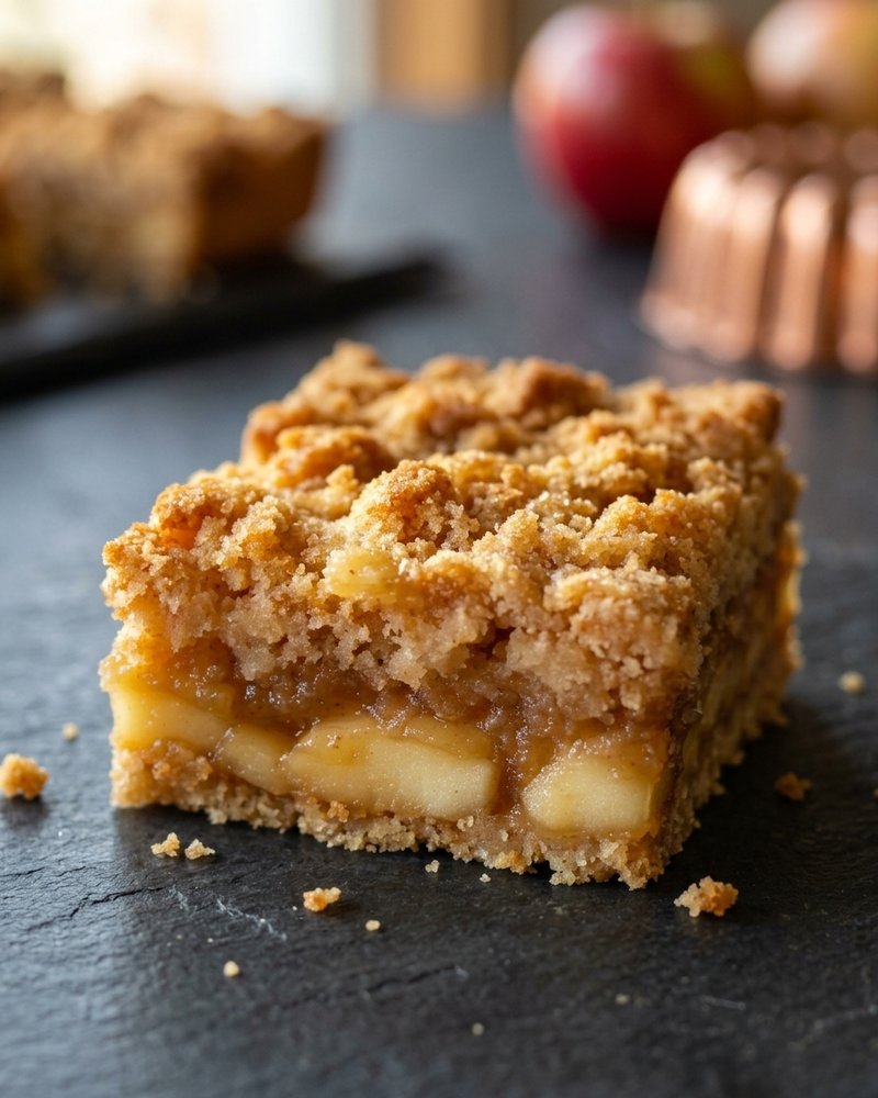 Warm apple crumble bar with golden oat topping