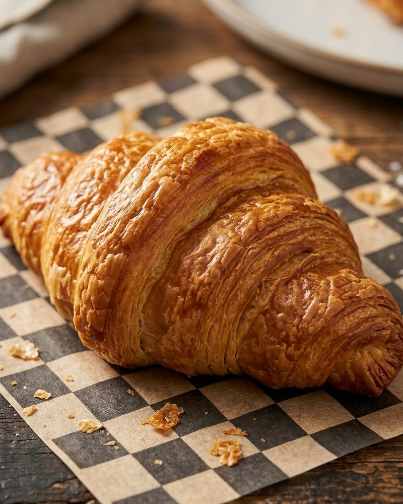 Golden flaky butter croissant on checkered table