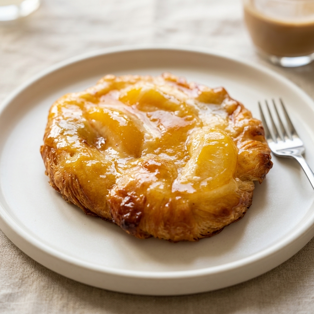 Peach danish with glossy glaze and sliced peaches