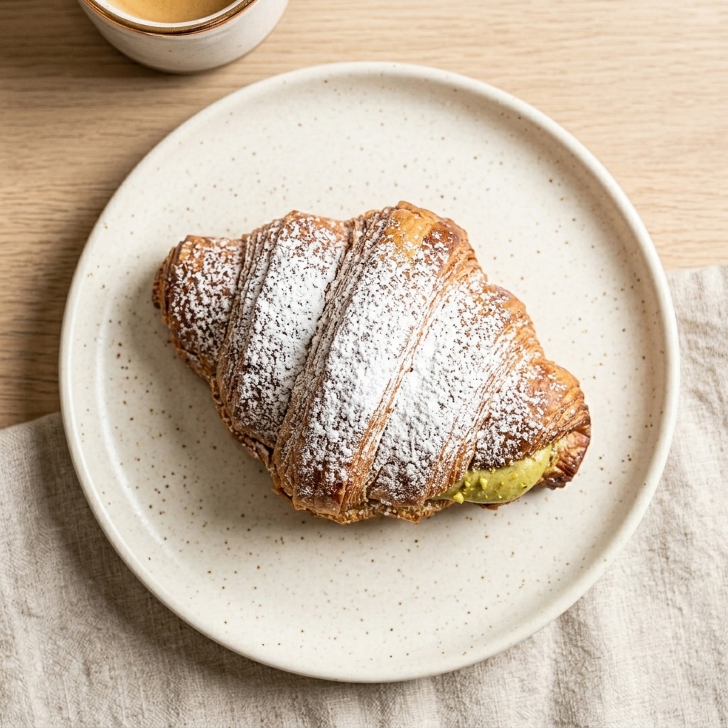 Pistachio croissant dusted with powdered sugar